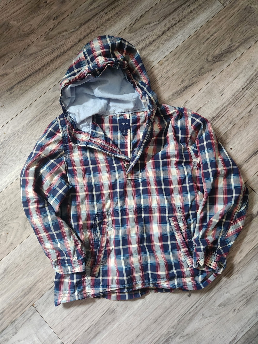 GAP Hooded Plaid Pullover Jacket in Navy, Red, and Cream, Size 12